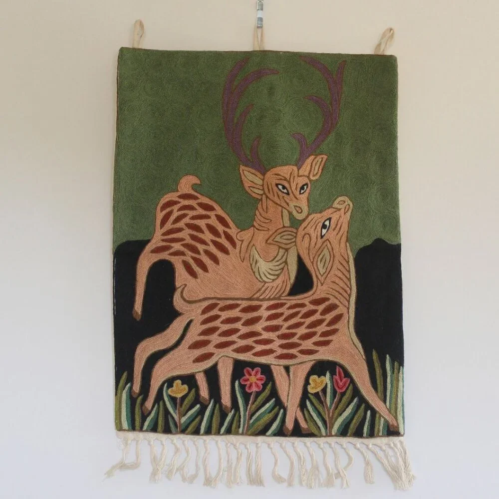 Vintage Deer Wall Hanging Tapestry Embroidery 23X17 Folk tale